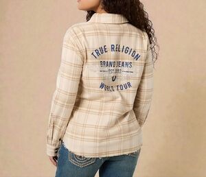 TRUE RELIGION OVERSIZED PLAID BOYFRIEND SHIRT NATURAL PLAID SIZE XXL